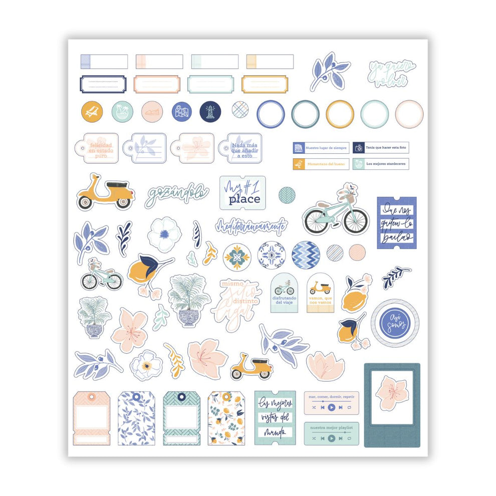 Coleção de autocolantes coloridos com temas de bicicletas, scooters, plantas e frases motivacionais.