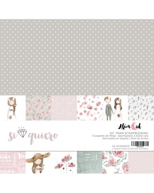 Kit para scrapbooking com papéis estampados variados com temas de casamento e amor