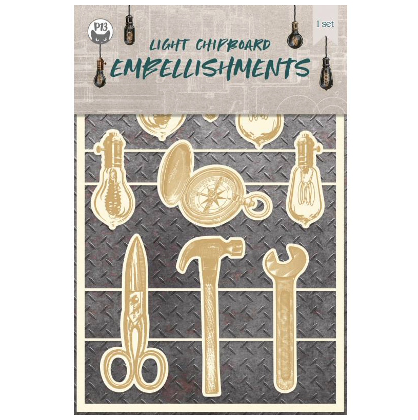 Embelezamentos em chipboard com desenhos de ferramentas e lâmpadas em fundo metálico