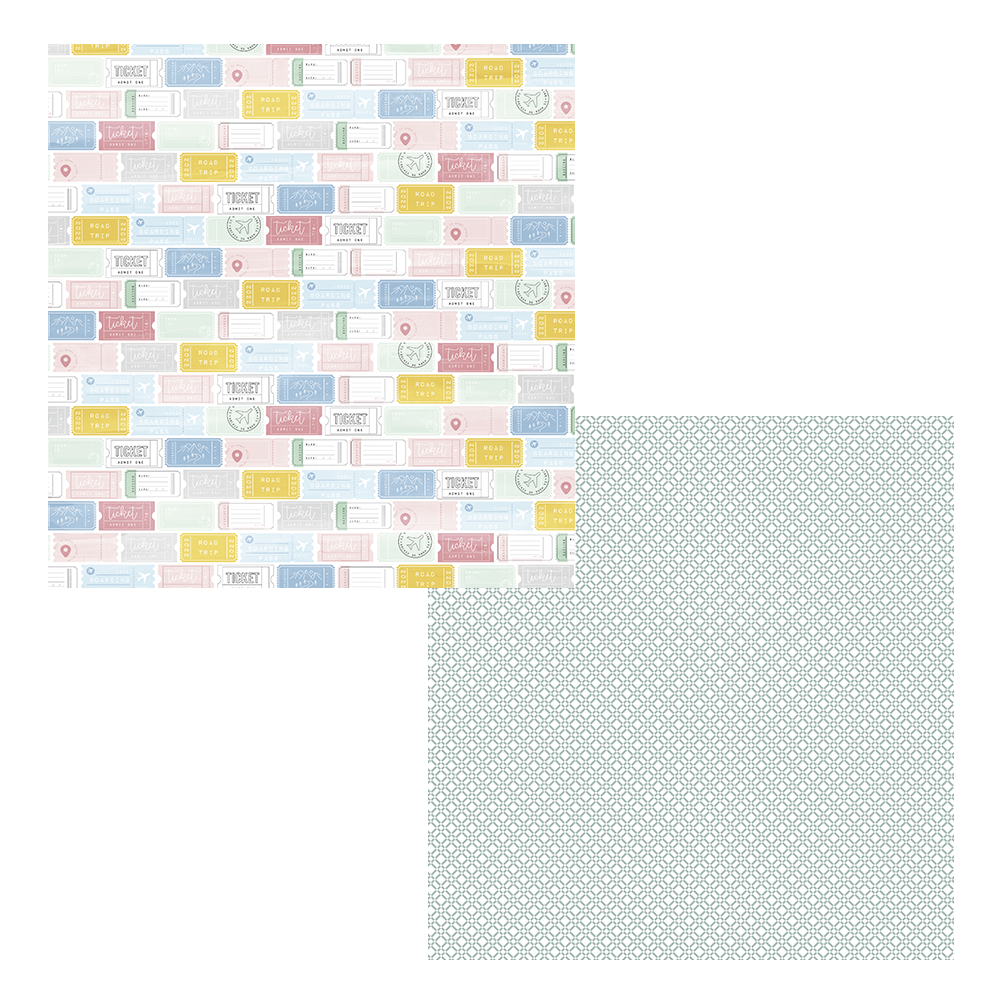 Papel decorativo dupla-face com padrão de bilhetes coloridos e padrão geométrico cinza e branco