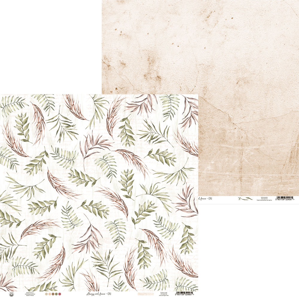 Papel decorativo com padrão de folhas e cor bege envelhecida no verso