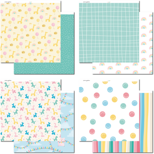 Folhas de papel decorativo com padrões de girafas, arcos-íris, carimbos sorridentes, cavalos de pau, riscas e manchas brancas sobre fundo verde azulado.