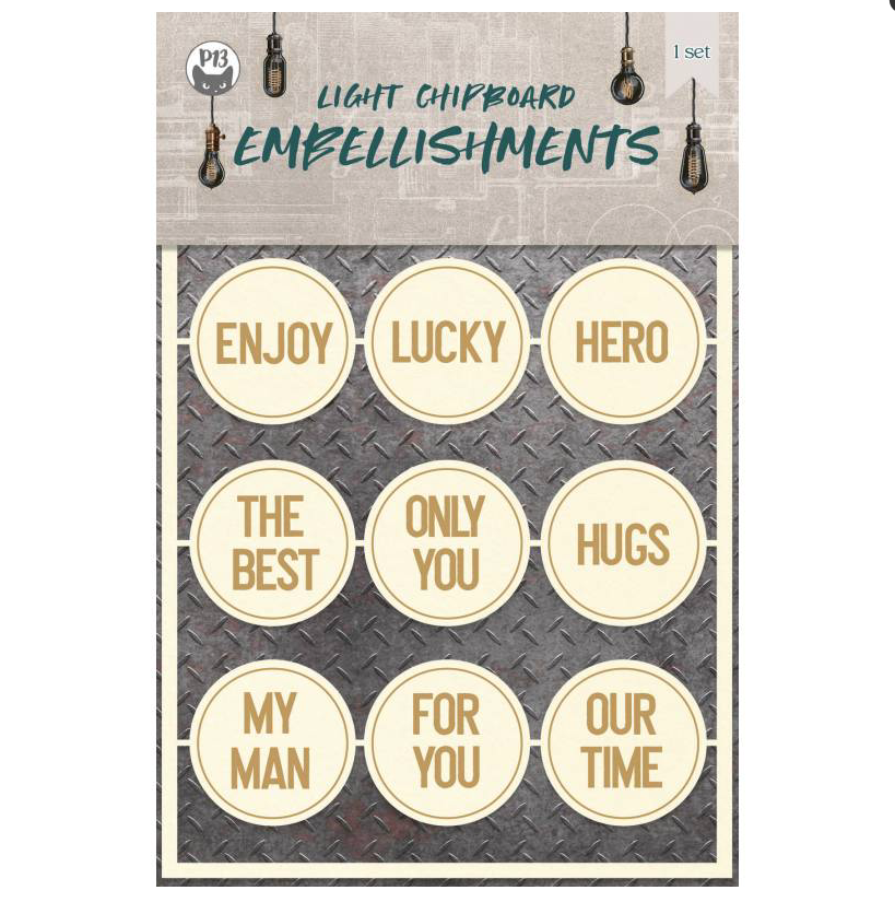 Conjunto de 9 emblemas redondos de chipboard claro com texto em letras douradas