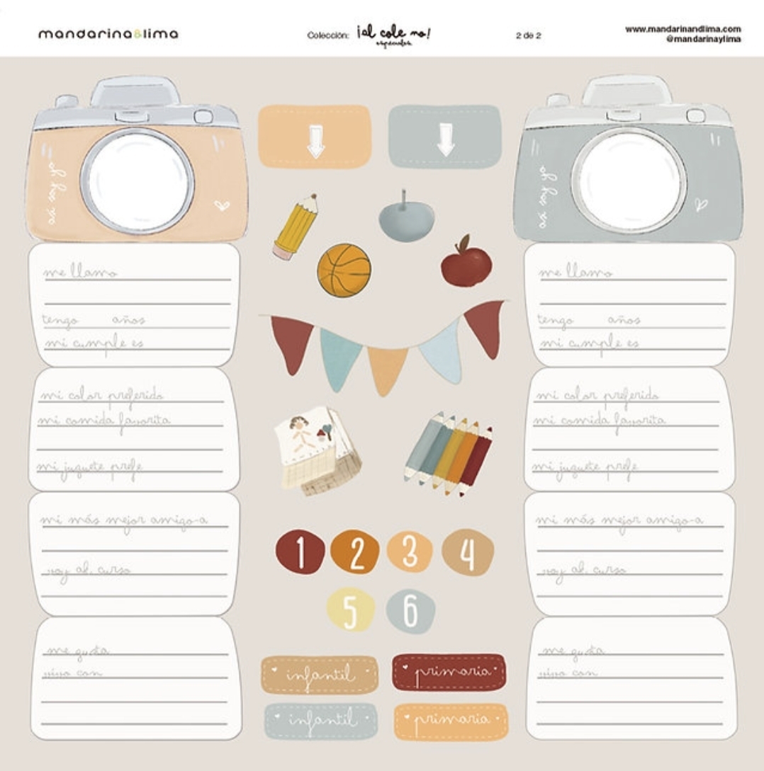 Elementos gráficos para organização infantil com molduras de câmeras, desenhos de objetos e etiquetas coloridas.