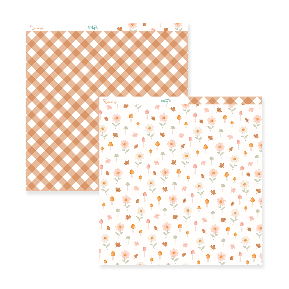 Folhas de papel de embrulho com padrão xadrez castanho e branco e padrão floral cor-de-rosa e verde.