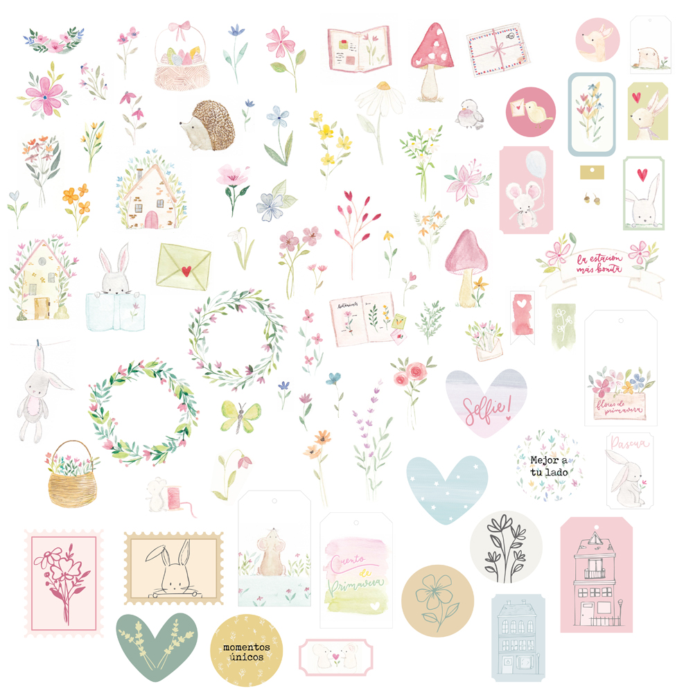 Autocolantes com desenhos de flores, animais, corações e textos em tons pastéis.