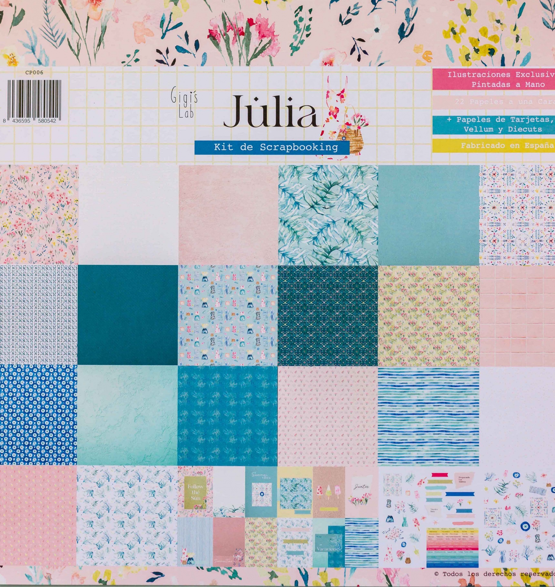 Kit de Scrapbooking Júlia com papéis decorativos e padrões variados