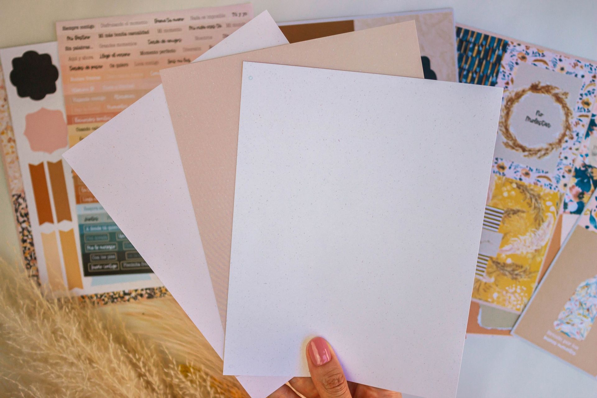 Conjunto de papéis e etiquetas decorativas coloridas com mão segurando papel branco