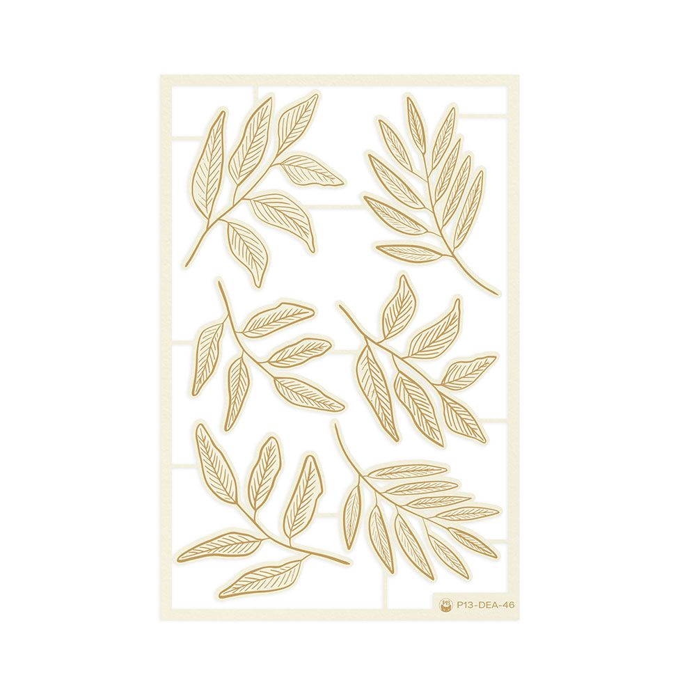 Placa decorativa com desenhos de folhas castanhas em fundo branco