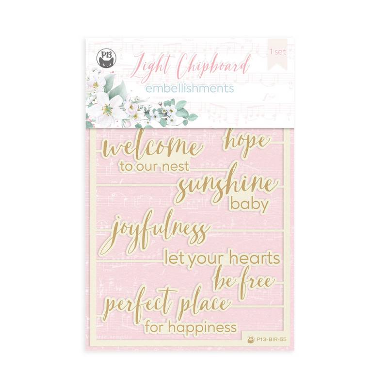 Embellishments Light Chipboard com frases decorativas em madeira clara e dourada sobre fundo rosa