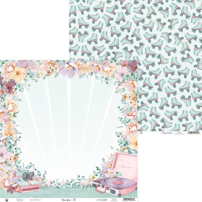 Duas folhas decorativas com borda floral e padrão de patins em linha