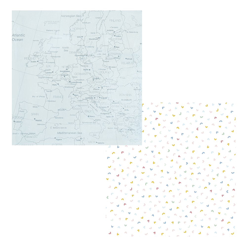 Dois quadrados, um com mapa da Europa em azul claro e outro com padrão de triângulos coloridos sobre fundo branco