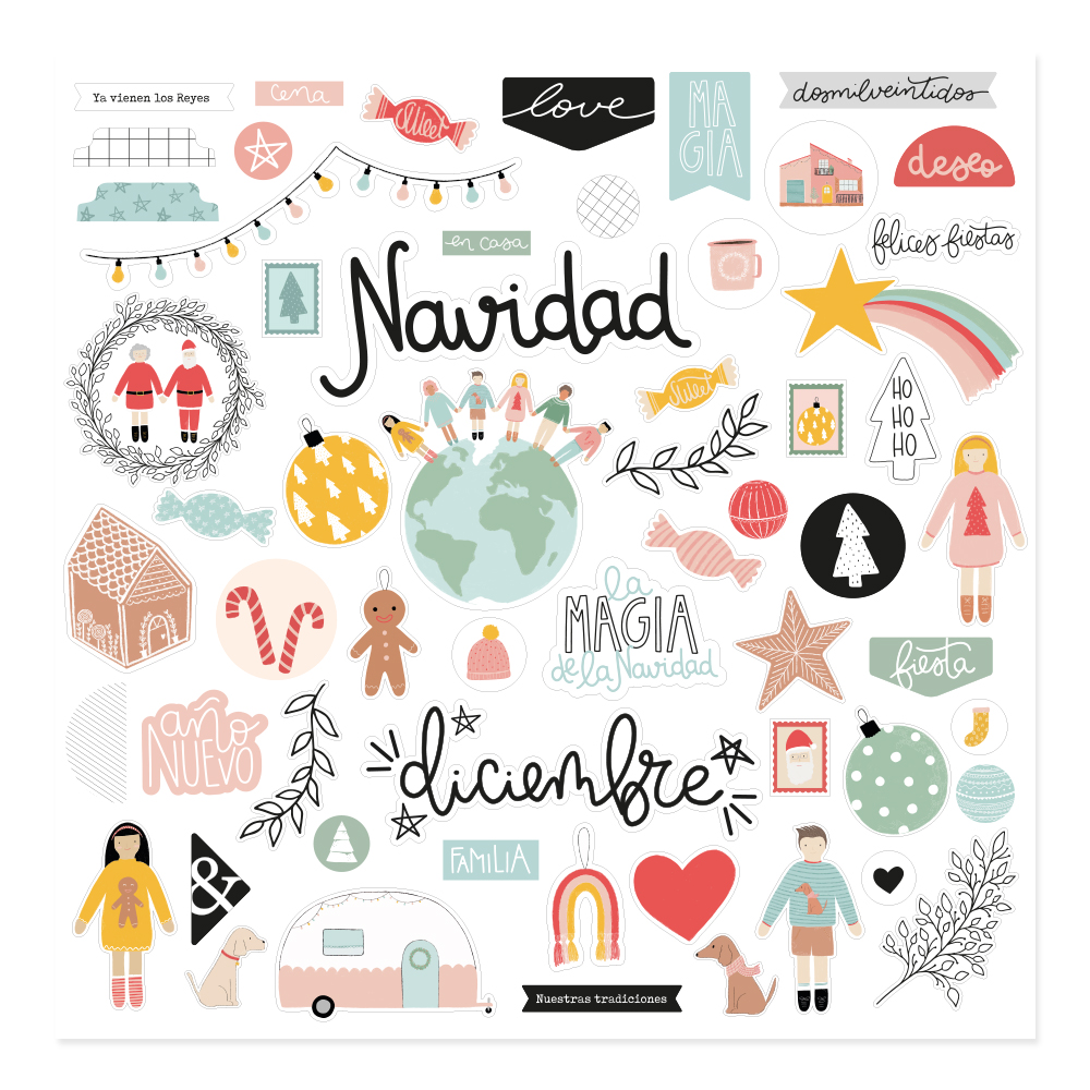 Ilustração com elementos festivos de Natal em cores suaves e textos em espanhol e catalão.