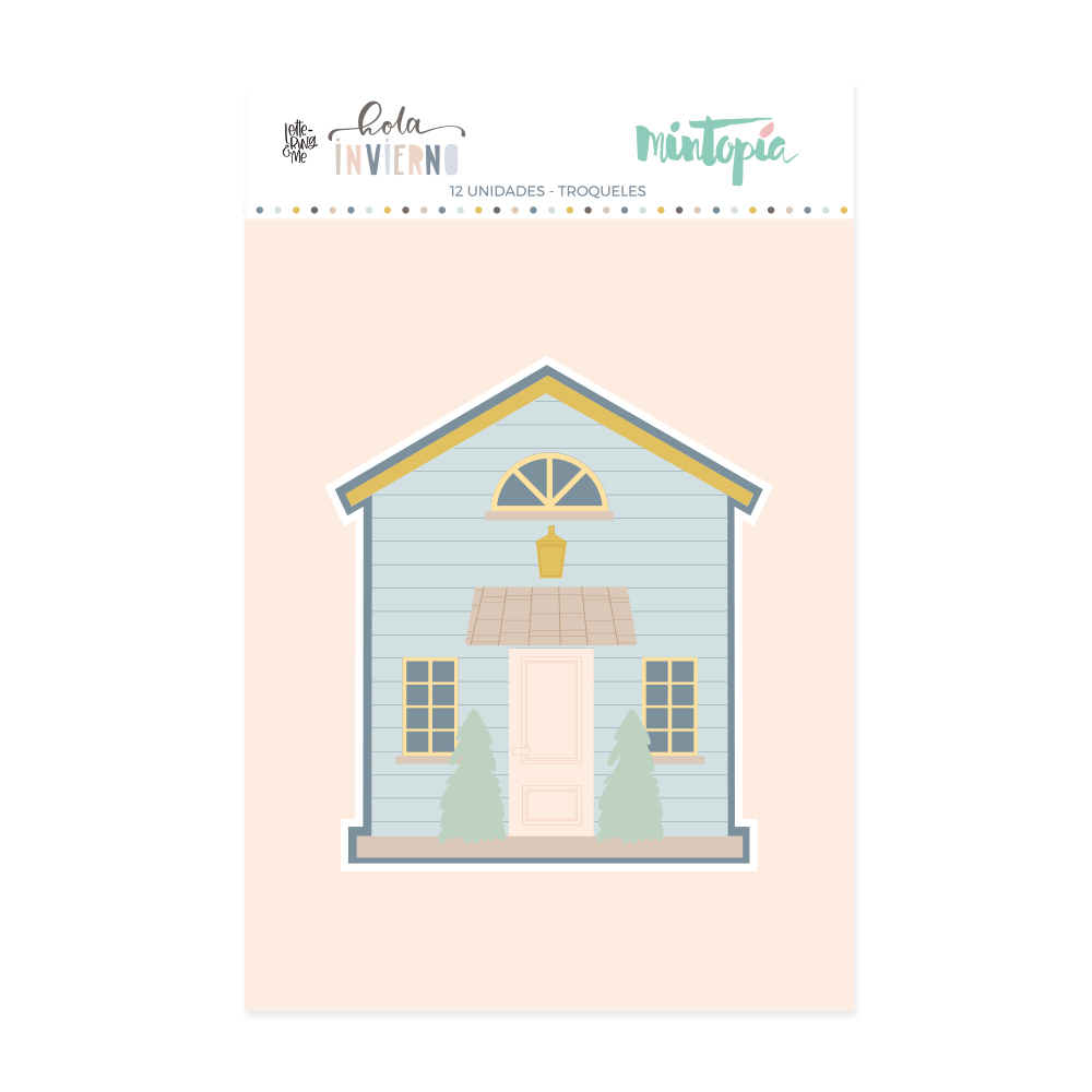 Embalagem com design de casinha azul clara para troqueles, com texto hola INVIERNO e MINTOPIC