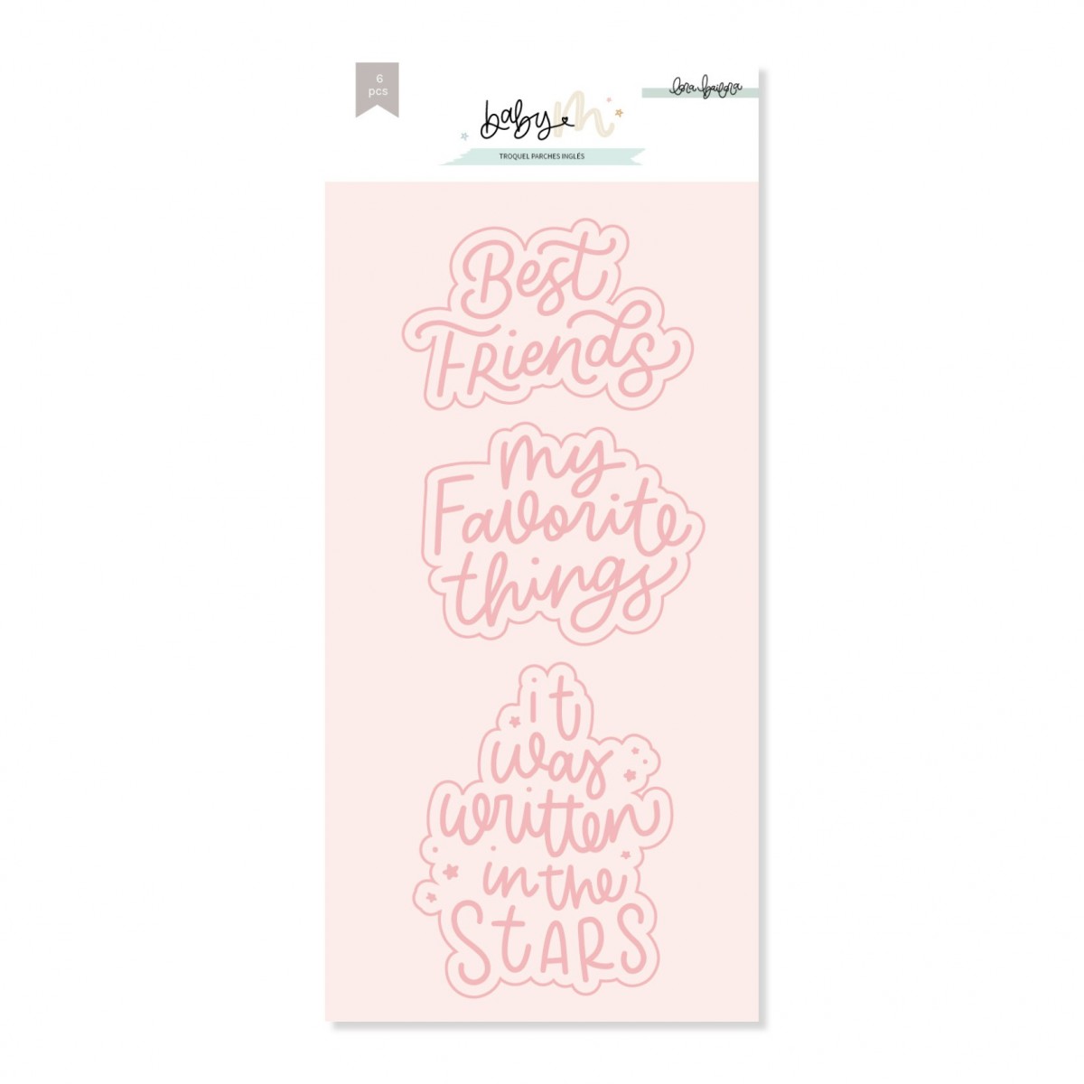 Conjunto de autocolantes rosa com frases em inglês sobre fundo rosa pálido