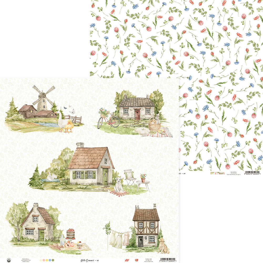 Papel decorativo com casas de campo em aquarela e padrão floral delicado.