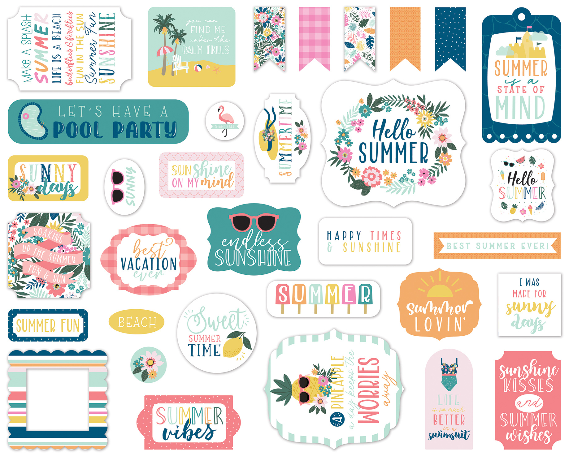 Etiquetas decorativas coloridas com temas de verão e frases em inglês em fundo branco