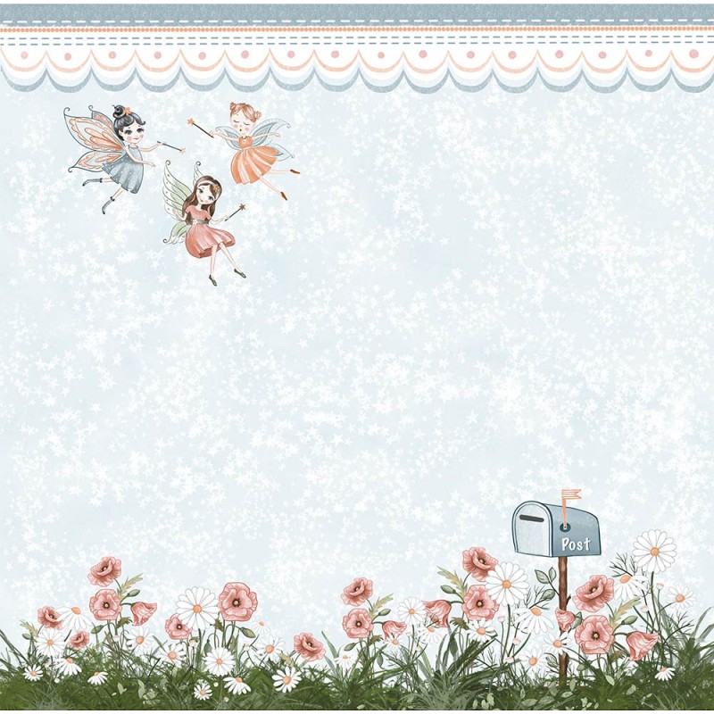Papel de parede infantil com fadas, flores e caixa de correio