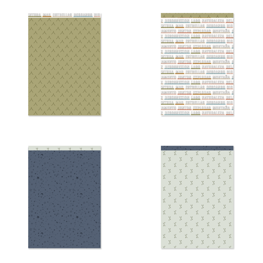 Quatro cadernos com capas coloridas e padrões distintos, texto em alguns cadernos nas abas superiores.