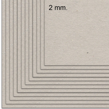 Folhas de cartão cinzento empilhadas com texto '2 mm.' impresso