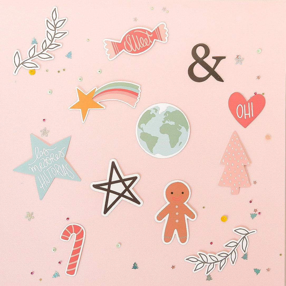 Autocolantes coloridos variados sobre fundo rosa