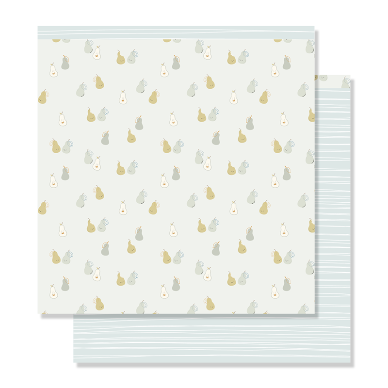 Papel de embrulho com padrão de pêras coloridas e versão com riscas azuis