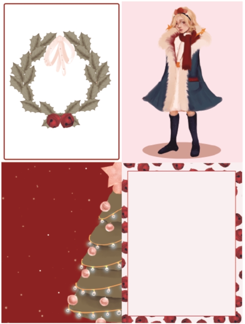 Quatro quadrantes com tema natalício incluindo coroa de folhas, menina vestida de inverno, árvore de Natal e espaço branco com borda decorativa.