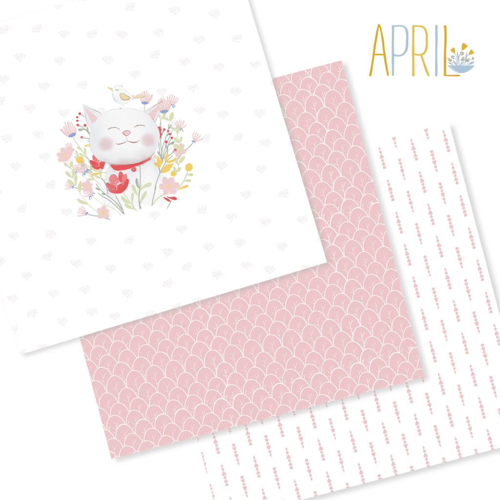 Folhas de papel decorativo com padrões de coração, escamas e texto 'APRIL', e um desenho de gato com flores