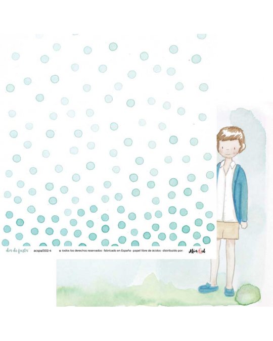 Papel de parede infantil com bolinhas azuis e verdes e ilustração de menino ao lado