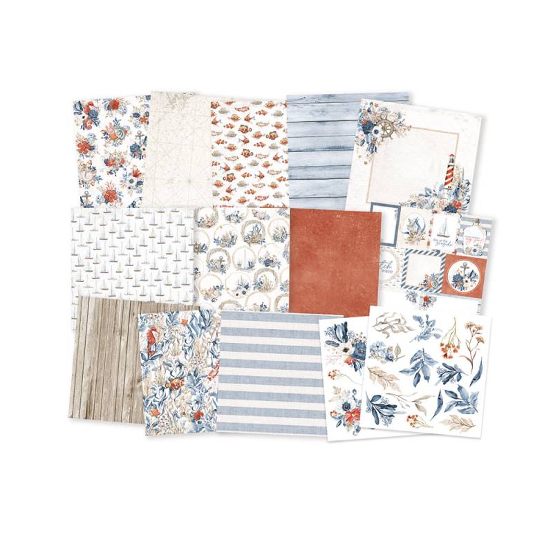 Conjunto de papéis decorativos variados em padrões florais, listras e madeira