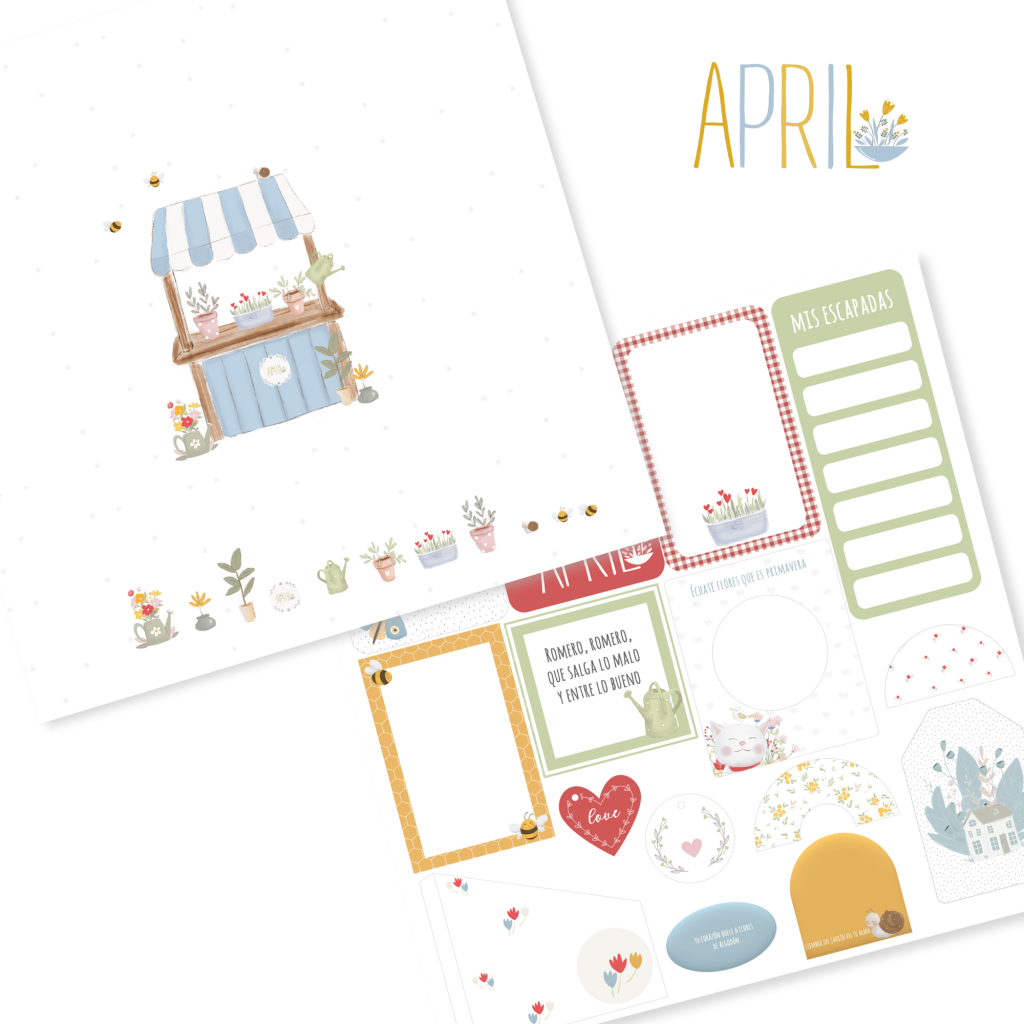 Organizador de abril com carrinho de venda, plantas, textos APRIL e MINHAS ESCAPADAS e ícones decorativos