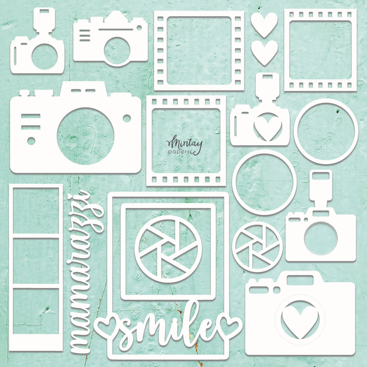 Recortes de papel branco em formas de máquinas fotográficas e palavras sobre fundo azul claro