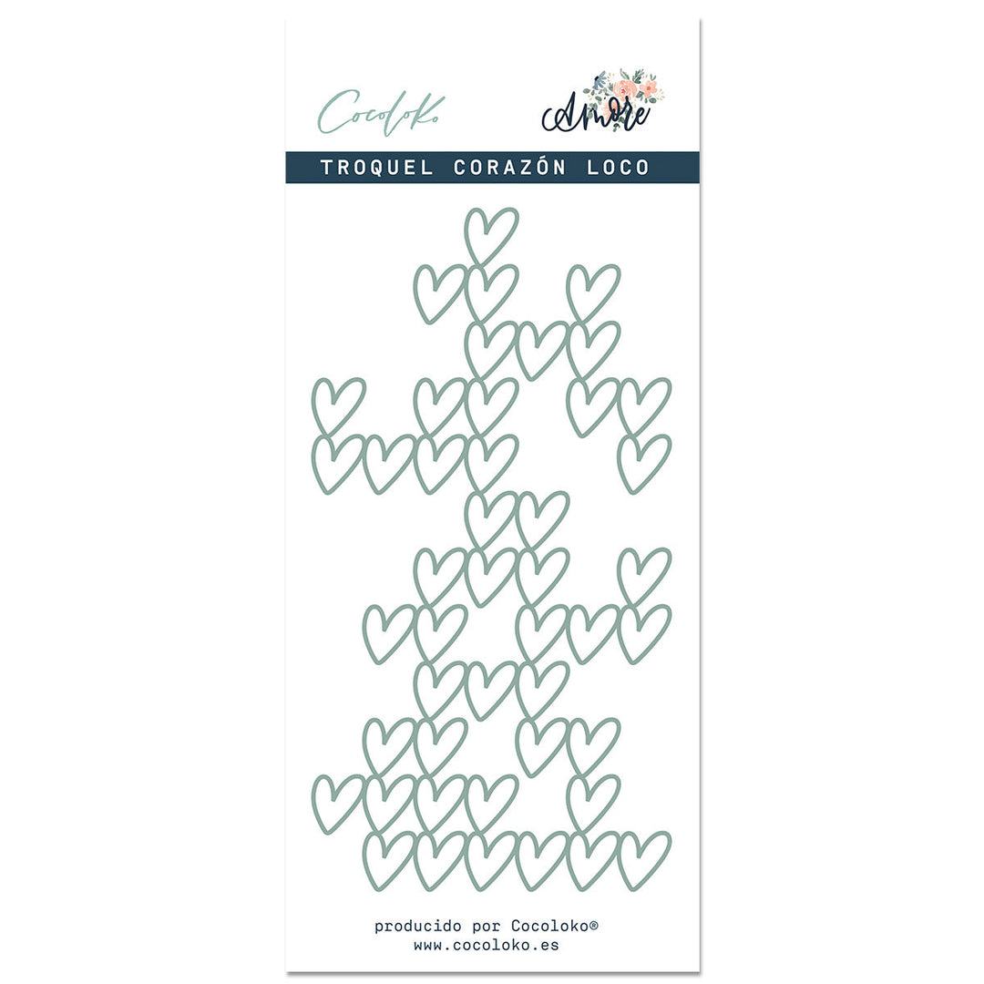 Troquel metálico com corações entrelaçados em embalagem branca com texto