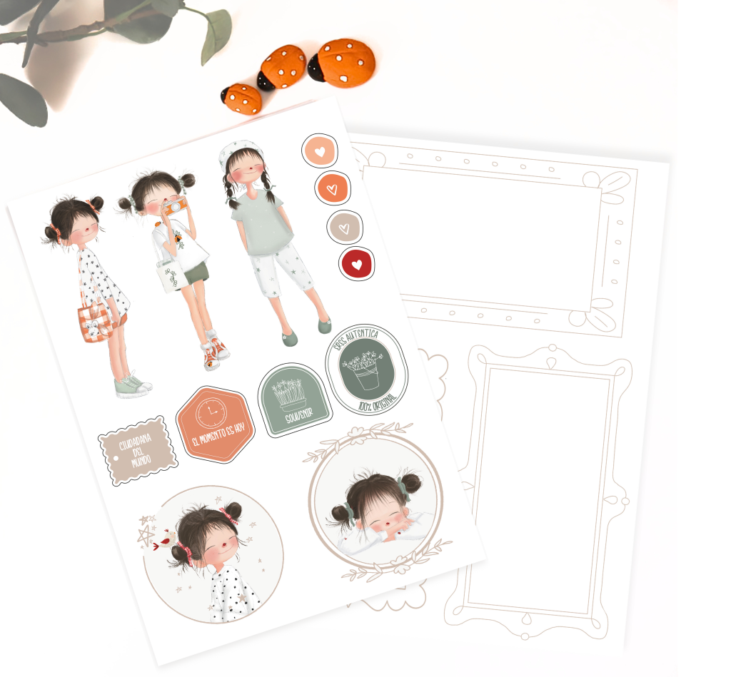 Folhas de autocolantes com meninas ilustradas, etiquetas e molduras, joaninhas decorativas ao fundo