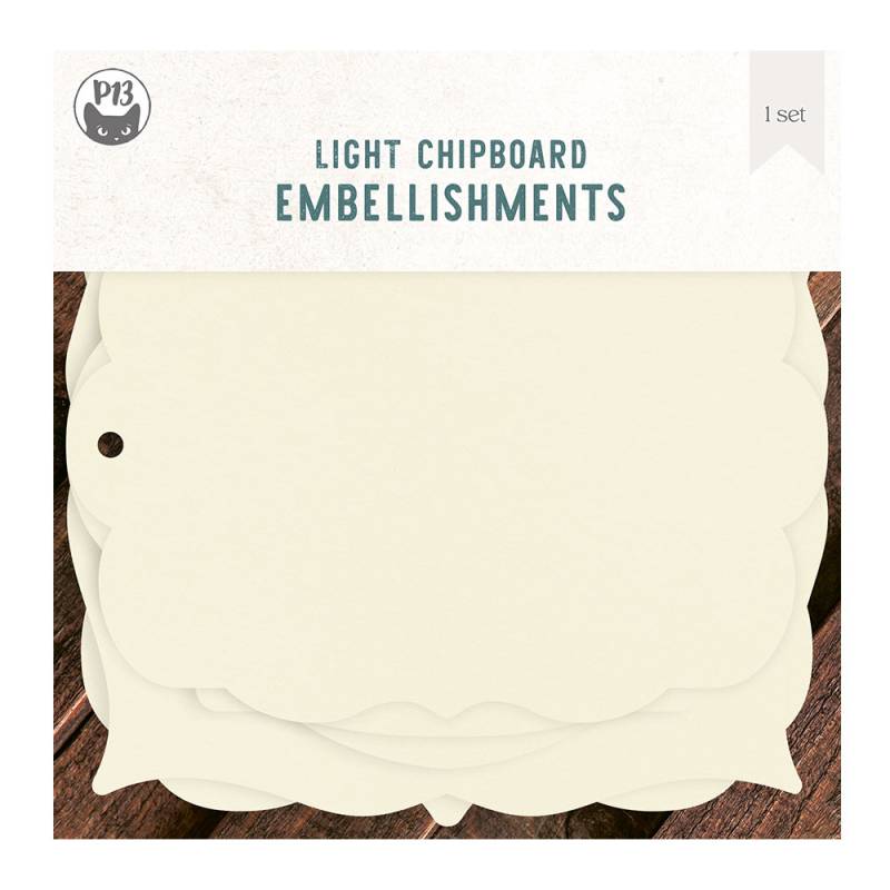 Conjunto de etiquetas em chipboard claro com formas decorativas