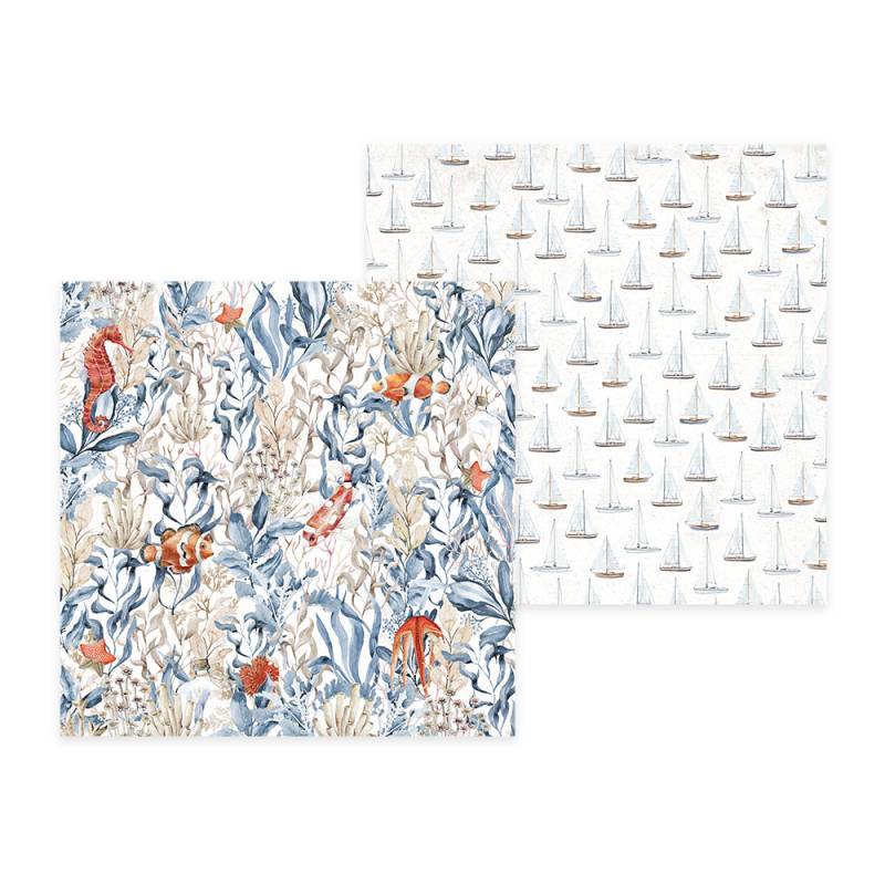 Papel de embrulho com padrão náutico dois lados, peixes e veleiros.