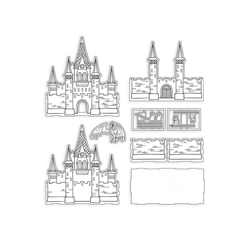 Peças recortadas para montar um castelo com torres e dragão