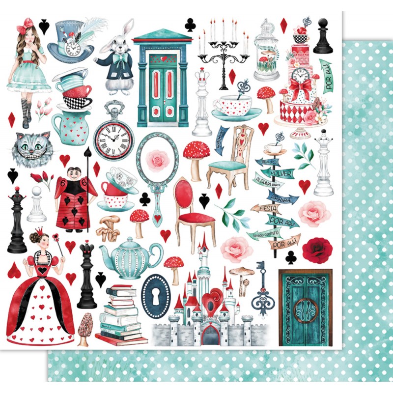 Ilustração temática Alice no País das Maravilhas com vários elementos coloridos e fundo azul com bolinhas brancas