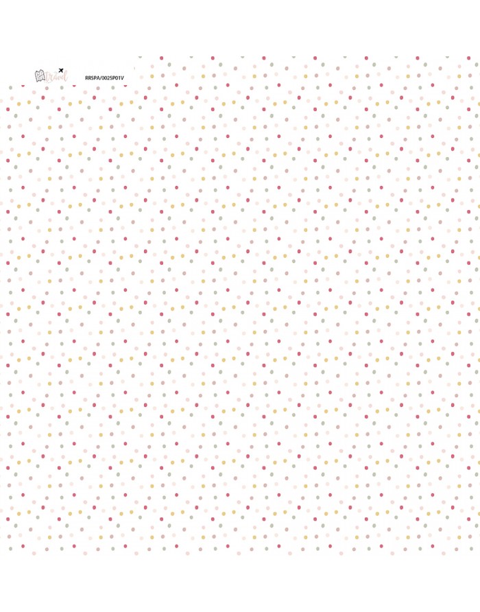 Papel de embrulho branco com pequenas estrelas coloridas e texto no canto superior esquerdo