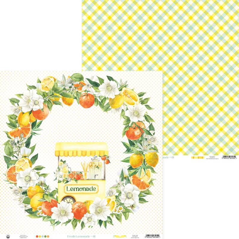 Folhas de papel decorativo com carrinho de limonada e padrão xadrez amarelo