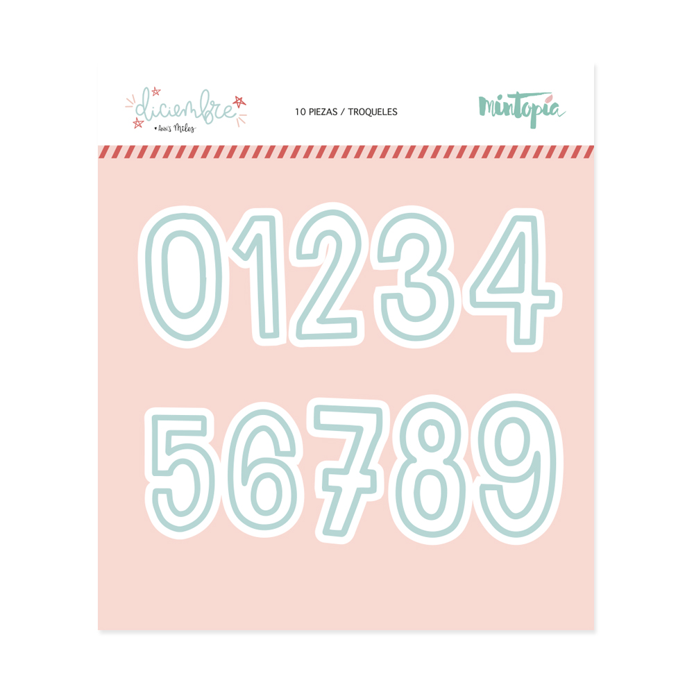 Conjunto de números 0-9 em azul claro com contorno branco em fundo rosa