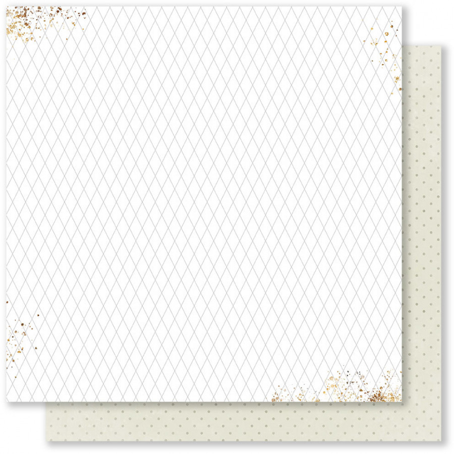 Papel de scrapbooking branco com losangos e detalhes dourados, verso bege com estrelas douradas