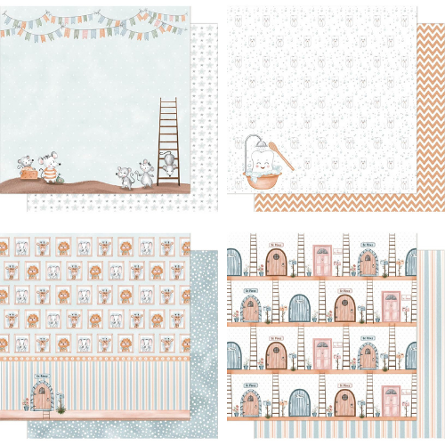 painéis decorativos infantis com desenhos de ratos e portas em tons pastel