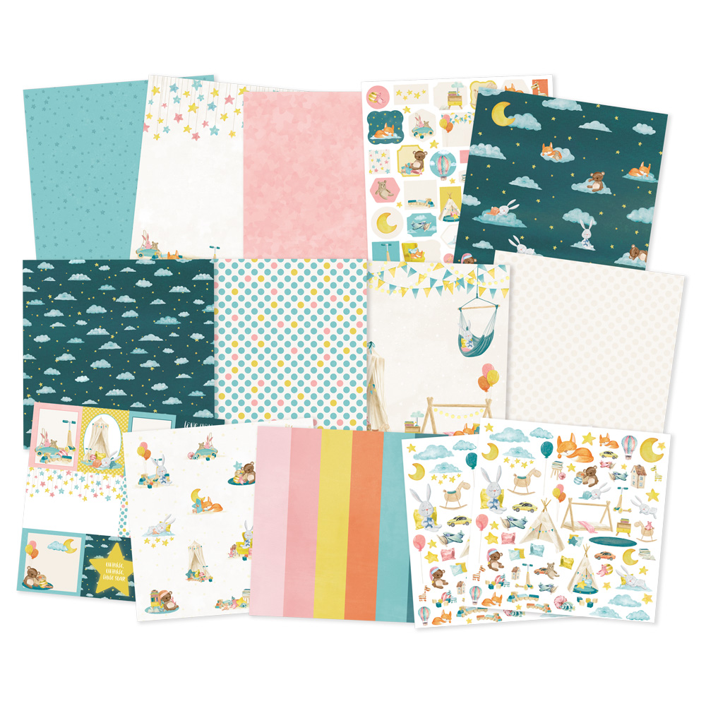 Papel decorativo com padrões infantis e cores variadas