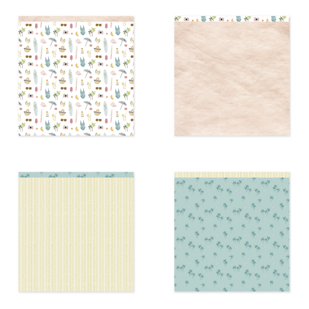 Quatro folhas decorativas quadradas com padrões variados de gatos, plantas, textura lisa, padrões verticais e folhas pequenas.