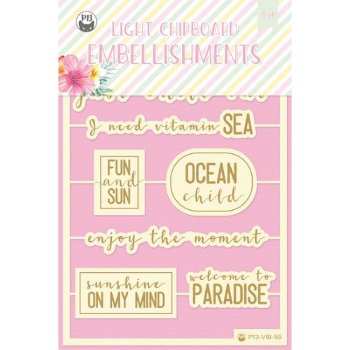 Embellishments de chipboard com frases em inglês com design em dourado e bege em embalagem colorida.