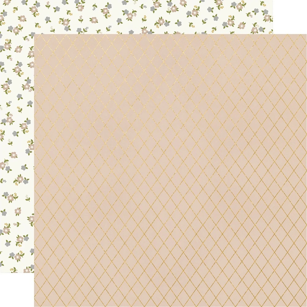 Folha dupla com padrões florais e geométricos em tons creme, verde e dourado