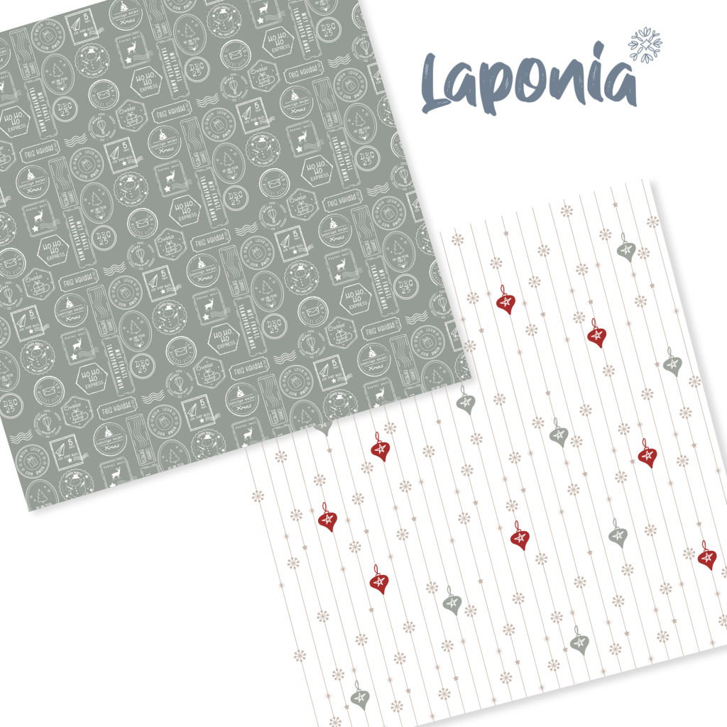 Duas folhas de papel de embrulho Laponia com padrões natalícios cinzentos e vermelhos