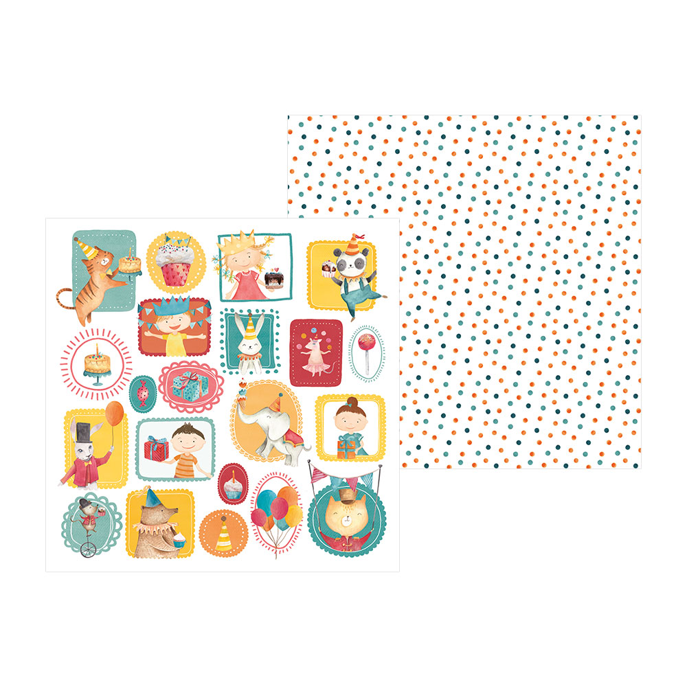 Dois papéis decorativos, um com desenhos de animais em molduras coloridas e outro com padrão de bolinhas coloridas.