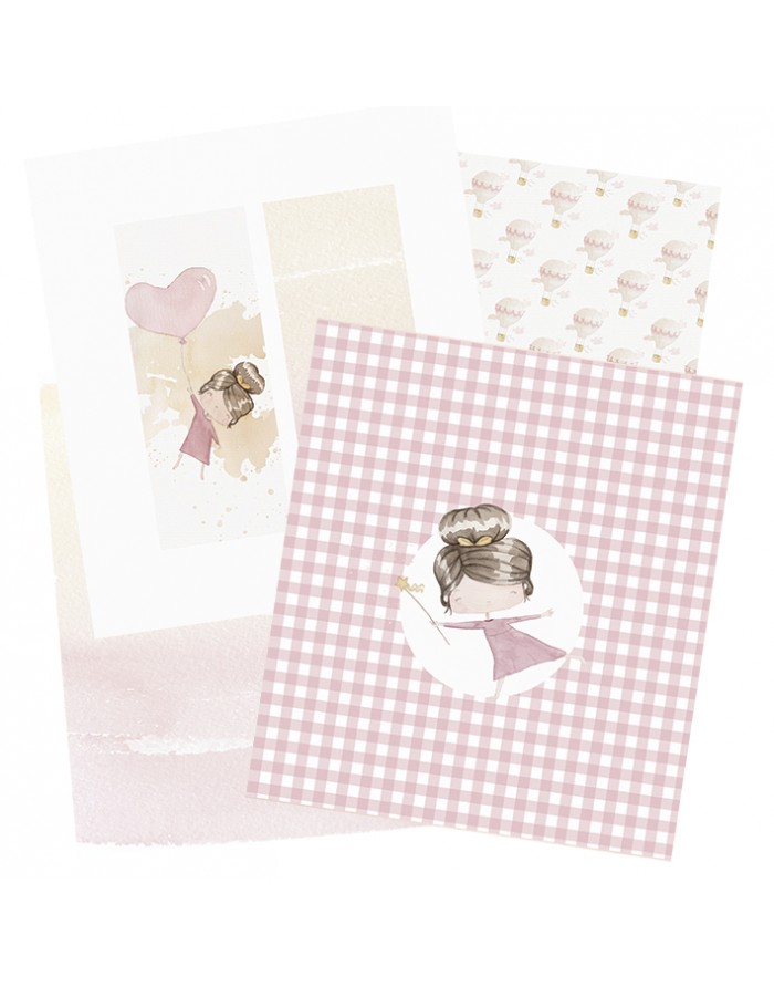 Conjunto de papelaria com cartão xadrez rosa, envelopes e papel decorativo com ilustração de menina